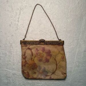 Antique 1920s Dutch Tapestry Floral Metal Frame Purse Clutch Bag